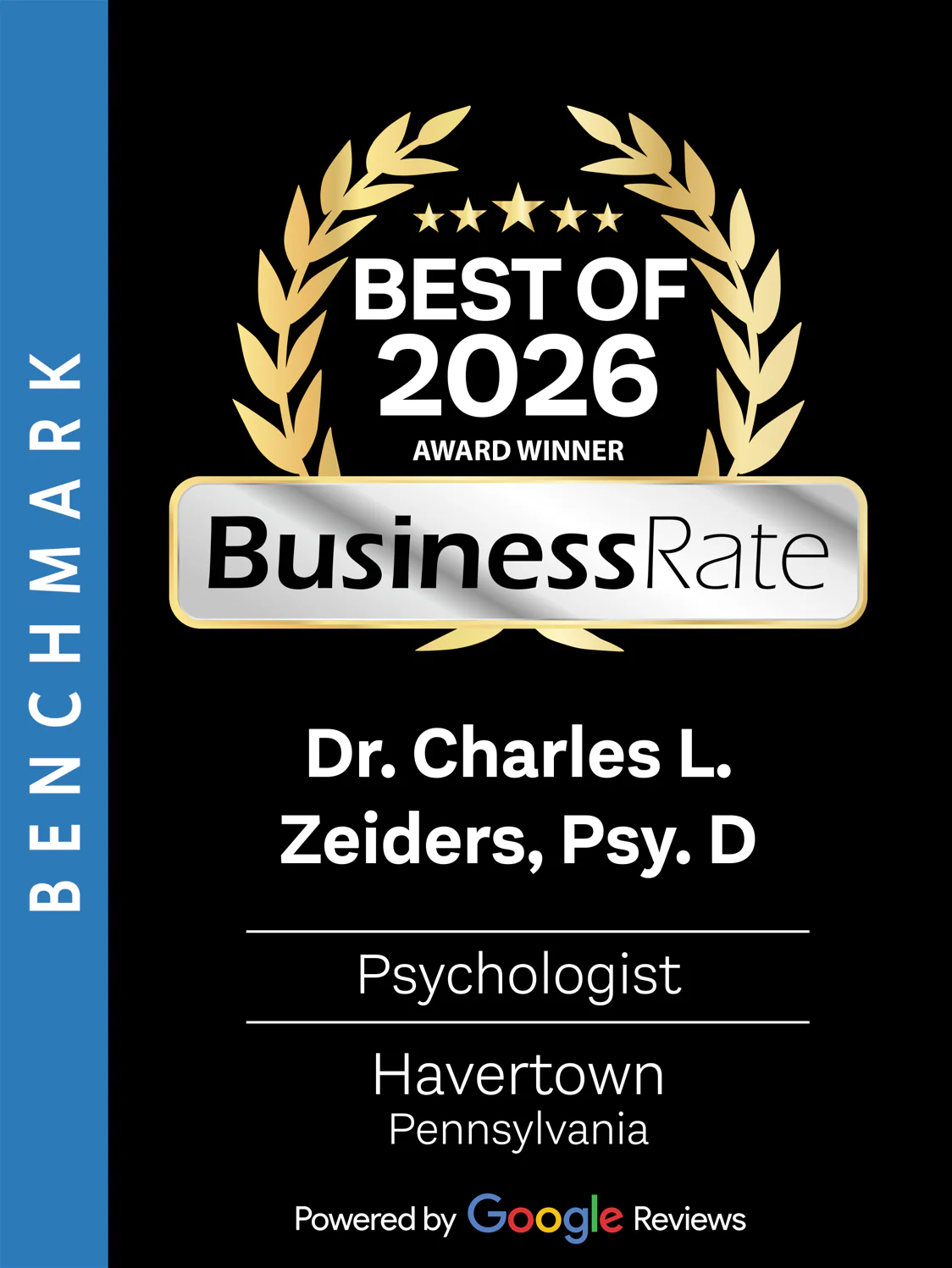 BusinessRate Best of 2026 Award Winner: Dr. Charles L. Zeiders, Psy.D., psychologist in Havertown, Pennsylvania.